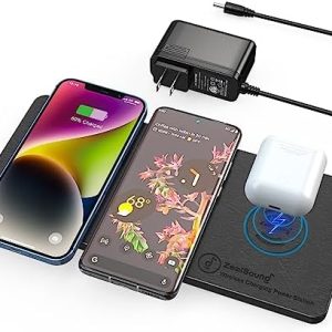 Wireless Charging Pad, ZealSound Ultra-Slim Triple Charger Station for Multiple 3 Devices & New Airpods Ultra Slim PU Leather Wireless Charging Mat W/AC Adapter for Smartphone Phone (Black)